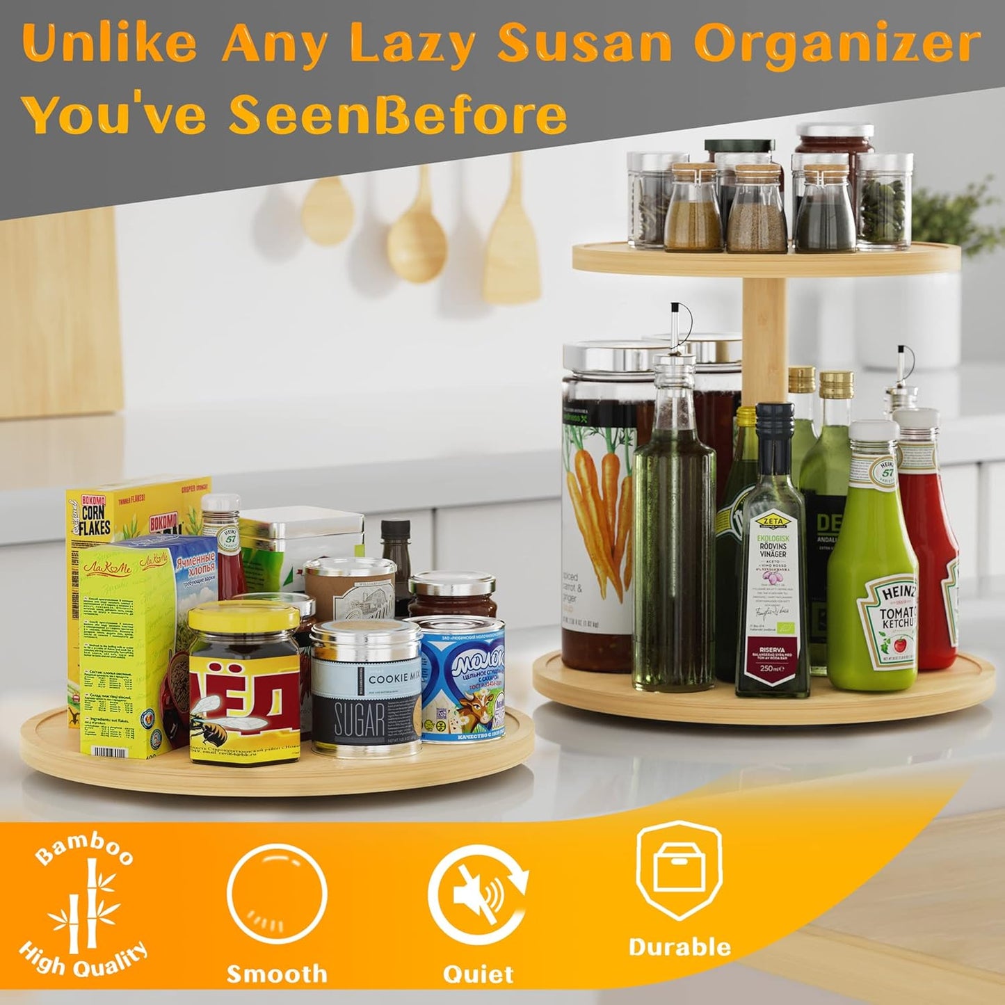 Lazy Susan Organizer Homerays 12 Inch Non-Skid Bamboo Lazy Susan for Kitchen Rotating Spice Rack for Kitchen Cabinet, Wood Turntable for Kitchen Countertop Organizer