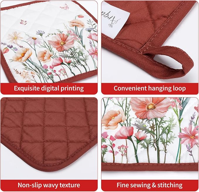 Pink Floral Oven Mitts and Pot Holders Sets 4Pcs, 100% Cotton Heat Resistant - Image 3