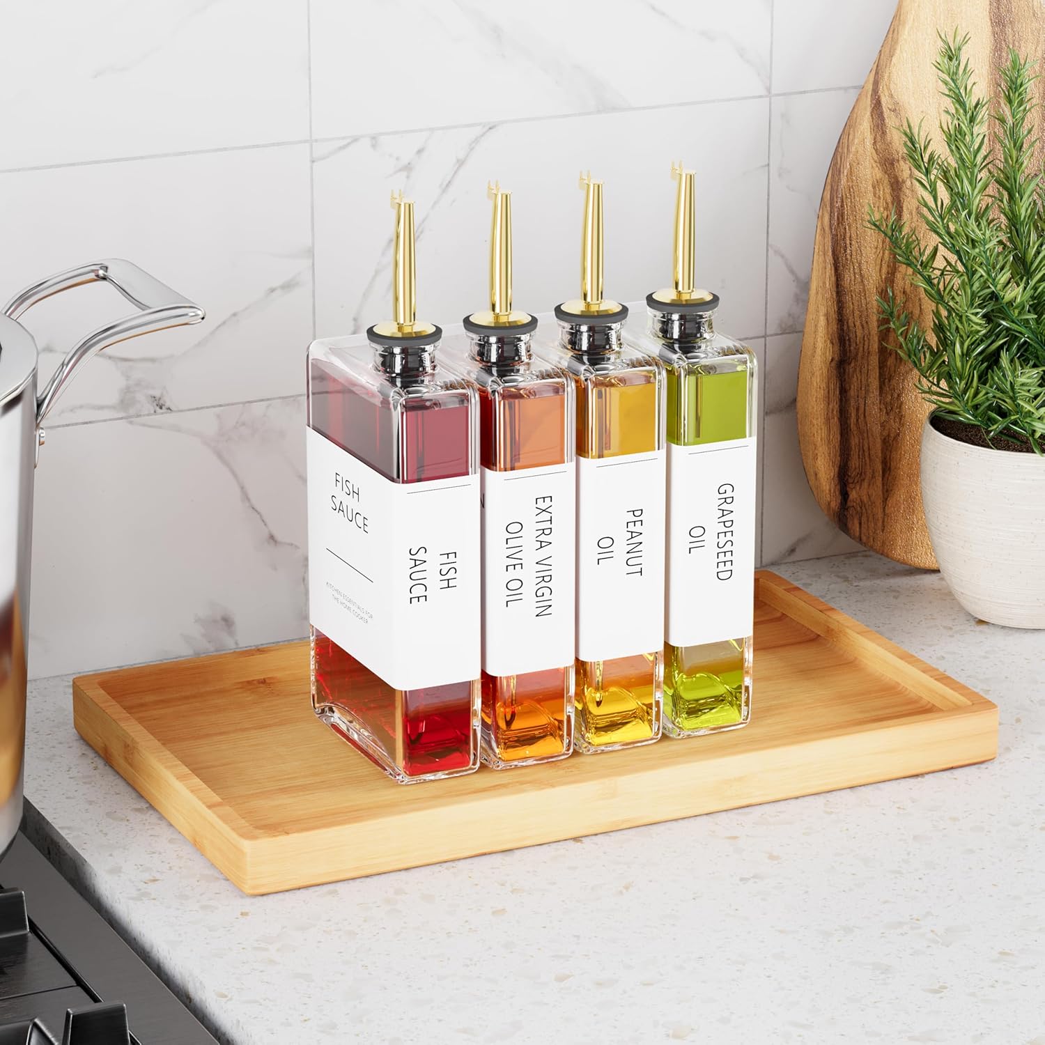 New England Stories Kitchen Cooking Oil Dispenser Set, Olive Oil and Vinegar Bottles, Soy Sauce Dispenser - 6 Pieces, Gold, Durable & Stylish Design