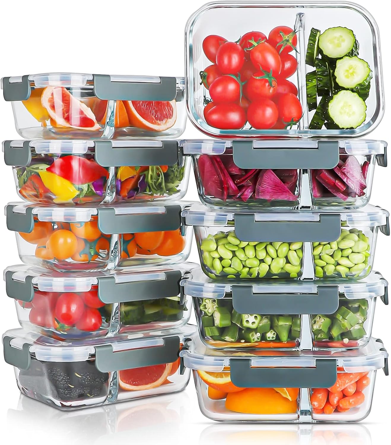 KOMUEE 10 Packs 30oz Glass Meal Prep Containers 2 Compartments,Glass Food Storage Containers with Lids,Airtight Lunch Bento Boxes,Microwave,Oven,Freezer and Dishwasher Safe