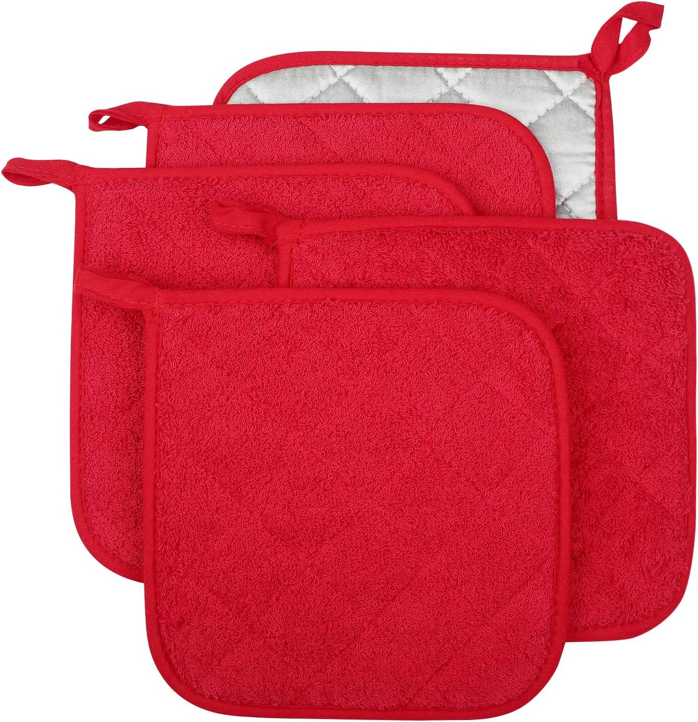 100% Cotton Kitchen Everyday Basic Terry Pot Holder Heat Resistant Coaster Potholder for Cooking and Baking Set of 5 Red