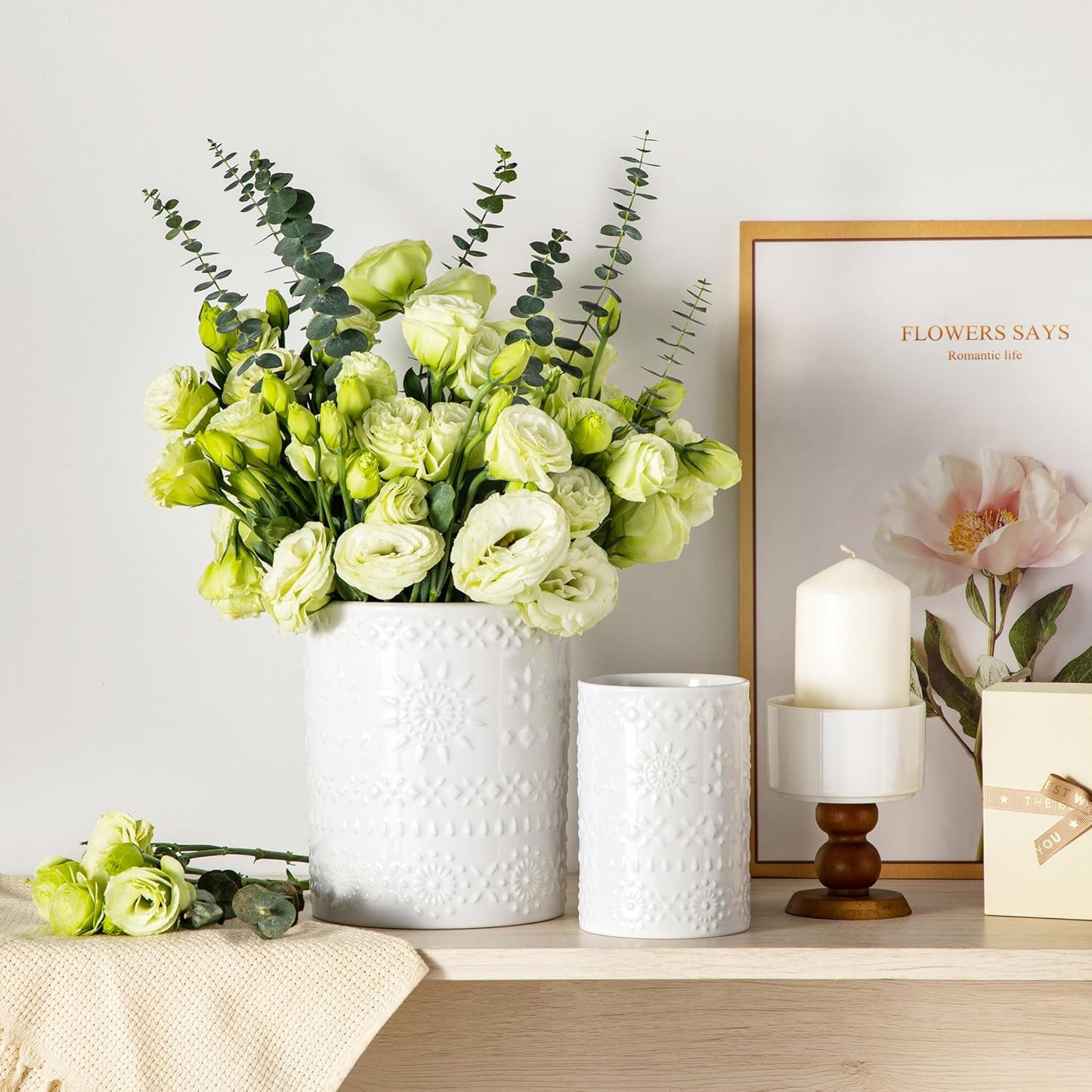 LOVECASA Utensil Holder, 7.2"+5.4" Ceramic Utensil Holder for Countertop, Large Cooking Utensil Crocks for Kitchen Counter, Farmhouse Utensil Vase for Housewarming, Kitchen Decor, Set of 2, Snow