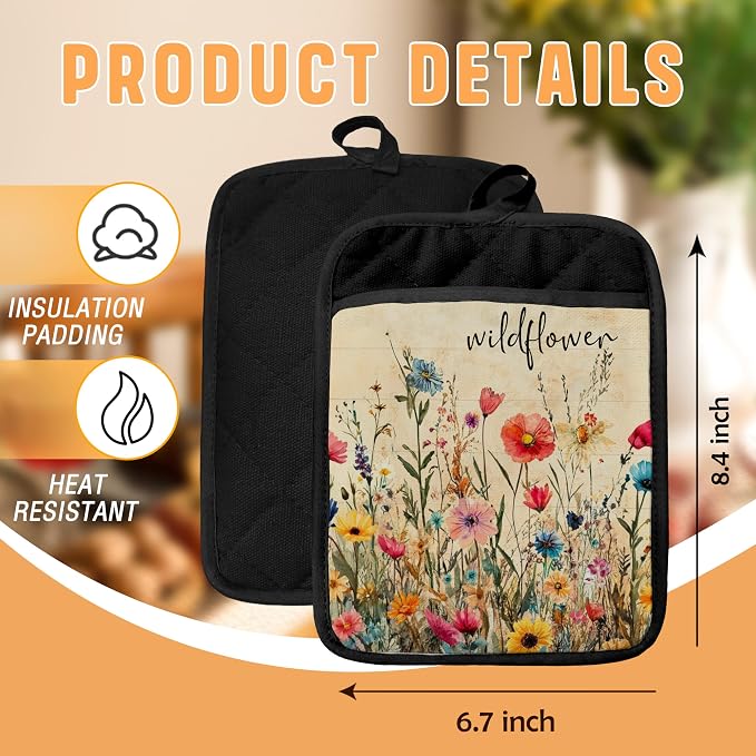 Wildflower Pot Holders with Pockets, Rustic Cottagecore Vintage Floral - Image 2