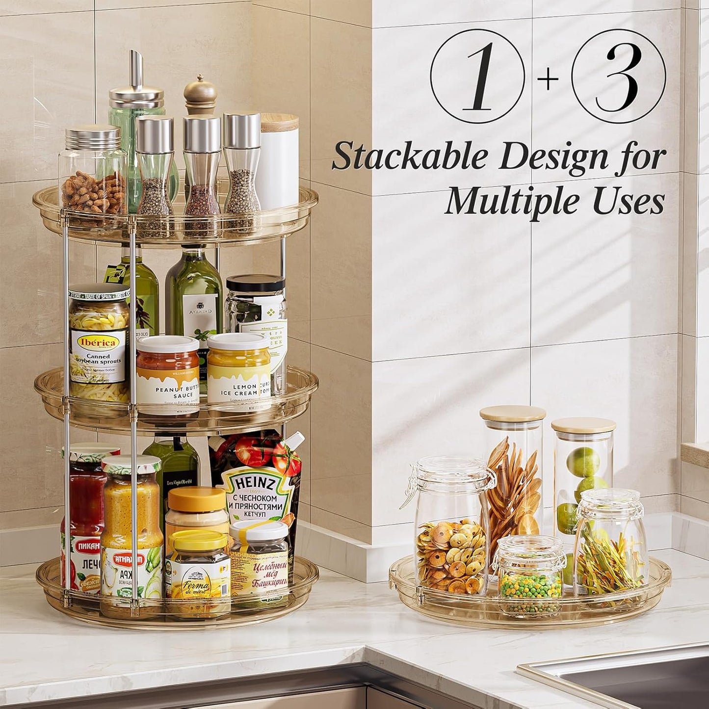 LAMU 2 Tier Lazy Susan Turntable Organizer 10.6'' Rotating Spice Rack Organization for Cabinet, Kitchen, Pantry, Countertop, Bathroom, Vanity, Medicine Cabinet Organizer, Amber