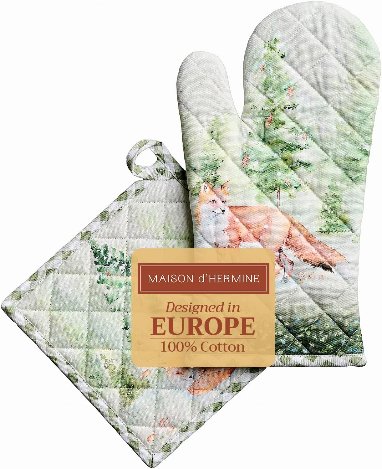 Maison d' Hermine 100% Cotton Oven Mitt & Pot Holder Set (7.5"x13" & 8"x8") Heat Resistant BBQ Cooking Gloves with Loop, Baking, Grilling, Kitchen, Handling Hot Pans (Winter Mornings)