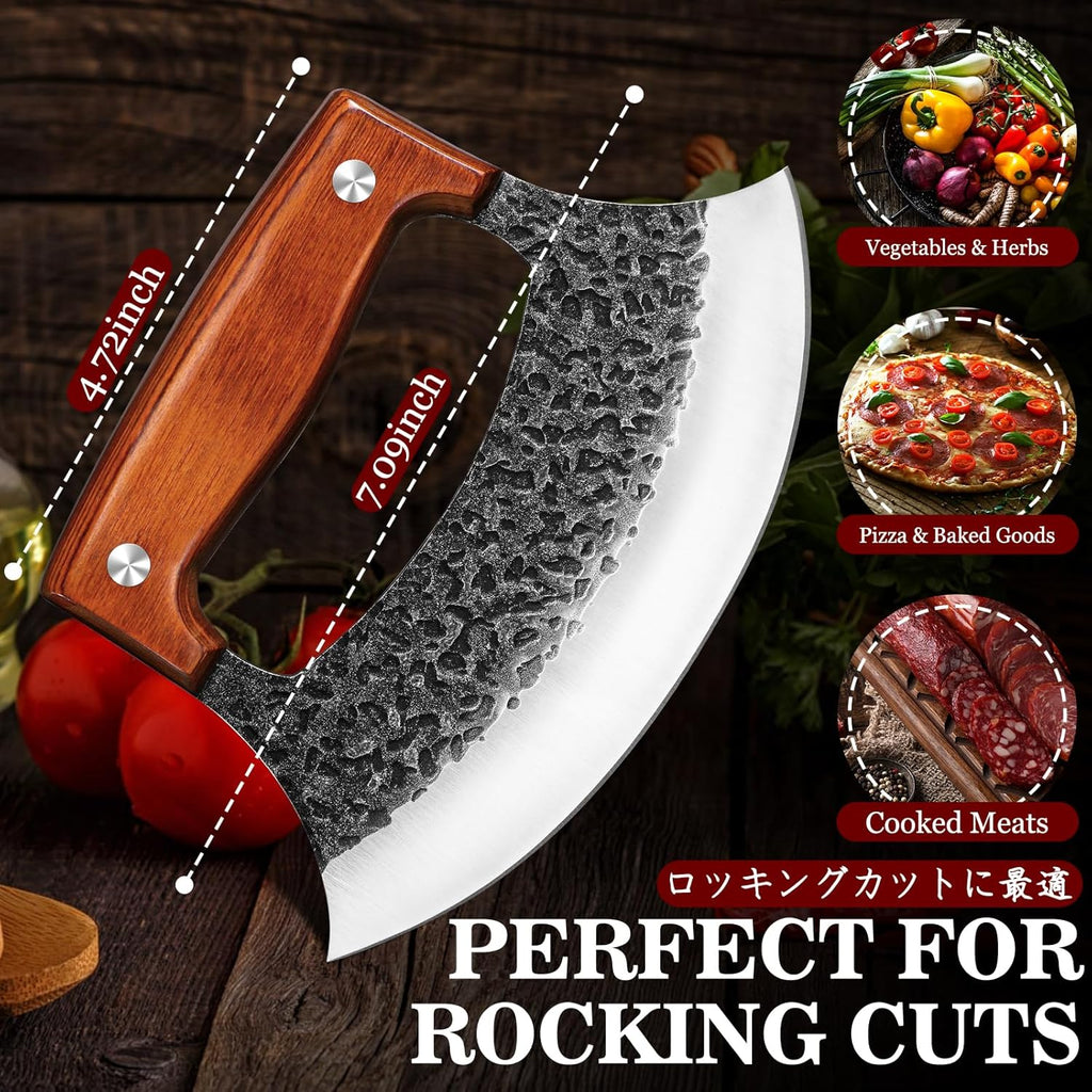 TIVOLI Hand-Forged Ulu Knife – Full Tang High Carbon Steel, Japanese-Inspired with Sheath & Gift Box, Mezzaluna Rocker Knife & Pizza Cutter for Kitchen, Camping & BBQ,Japanese Birthday Gifts for Men
