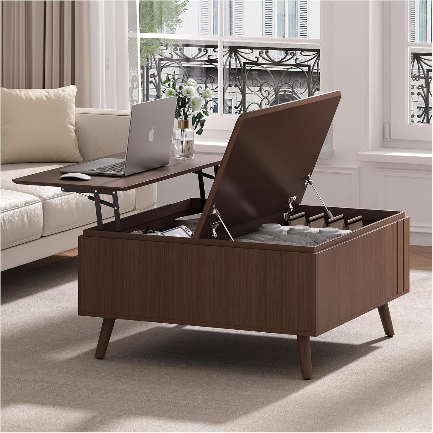 Lift Top Coffee Table, Mid Century Modern Center Table with Large Hidden Storage Compartment, 36" Square Coffee Tables for Living Room, Home Office, Dark Walnut