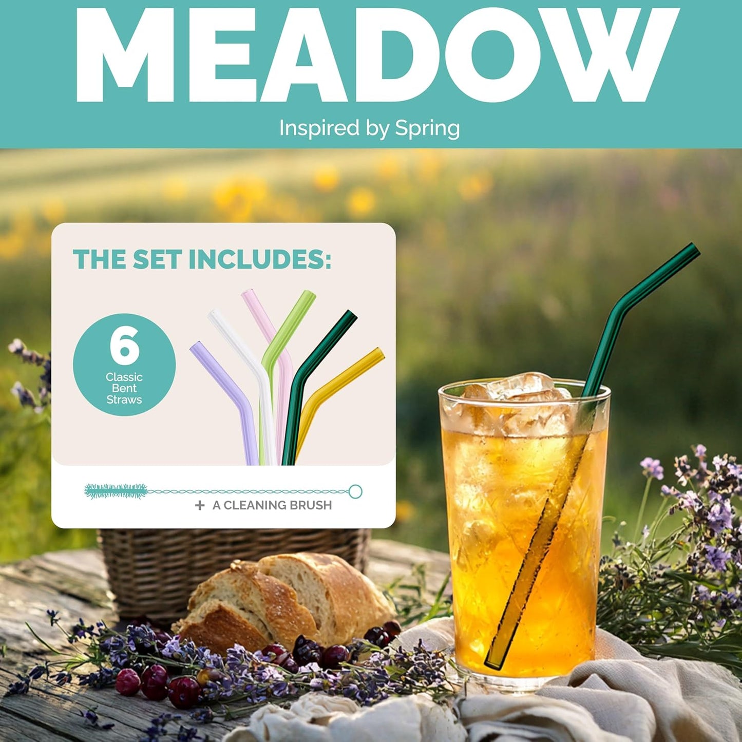 Simply Straws 10 Inch Glass Straws Bent (6-Pack) – Reusable Glass Straws for 24 Oz Mason Jars & Tumblers, with Cleaning Brush – Durable, Dishwasher Safe, Hot & Cold Use, BPA-Free (Meadow)