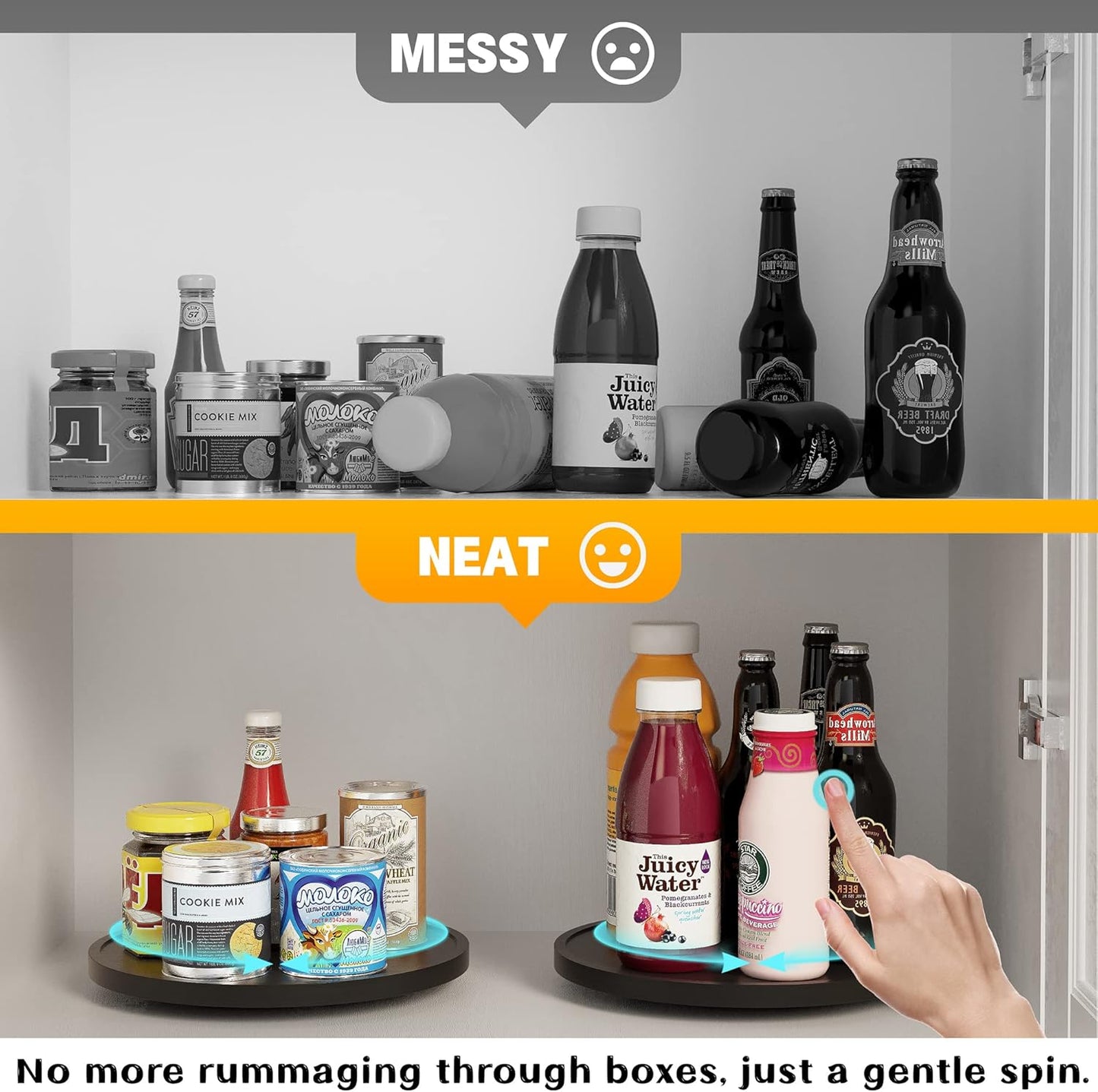 Lazy Susan Organizer Homerays 9 Inch Non-Skid Bamboo Lazy Susan for Kitchen Rotating Spice Rack for Kitchen Cabinet, Wood Turntable for Kitchen Countertop Organizer Black