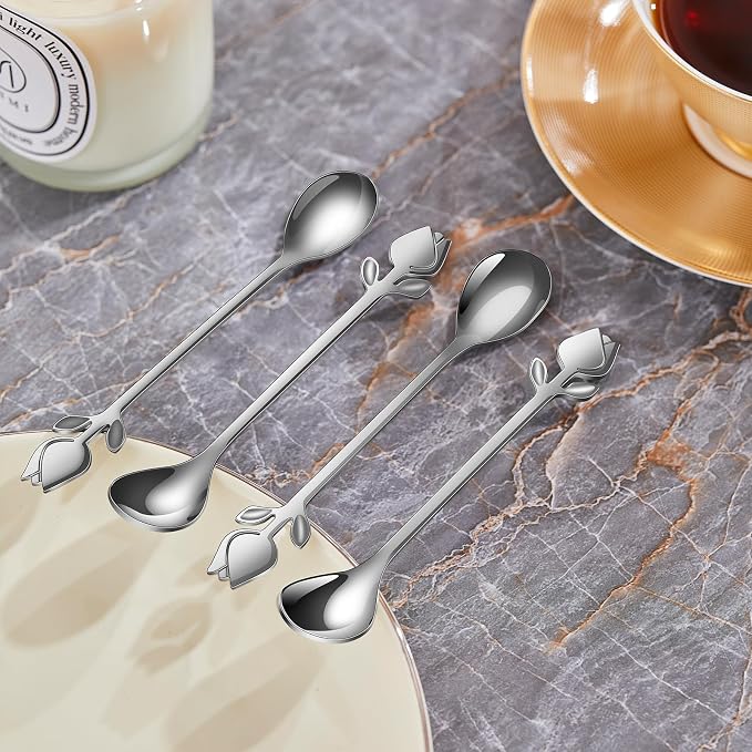 Silver Tulip/Rose Handle 12-Pcs Mini Coffee Spoons Set - Image 9