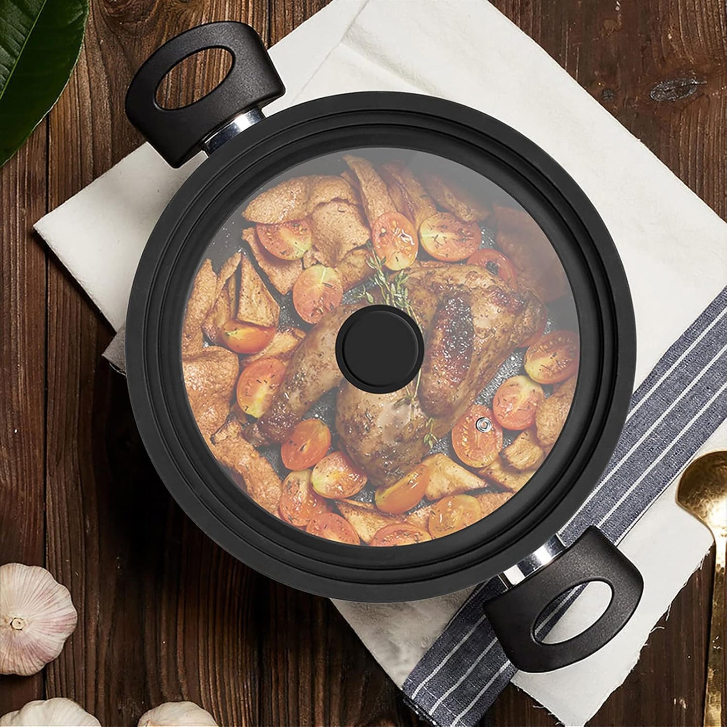 Universal Lid for Pots, Pans and Skillets Vented Tempered Glass with Heat Resistant Silicone Rim, Fits 11 inch, 12 inch, 12.5 inch Cookware, Replacement Lid, Black