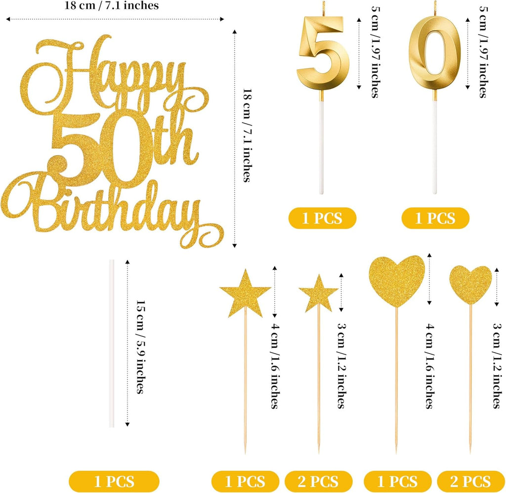 50th Birthday Cake Decorations, 50th Birthday Candles Cake Numeral Candles and Glitter Happy 50th Birthday Cake Toppers Set for Birthday Party Supplies (Gold)