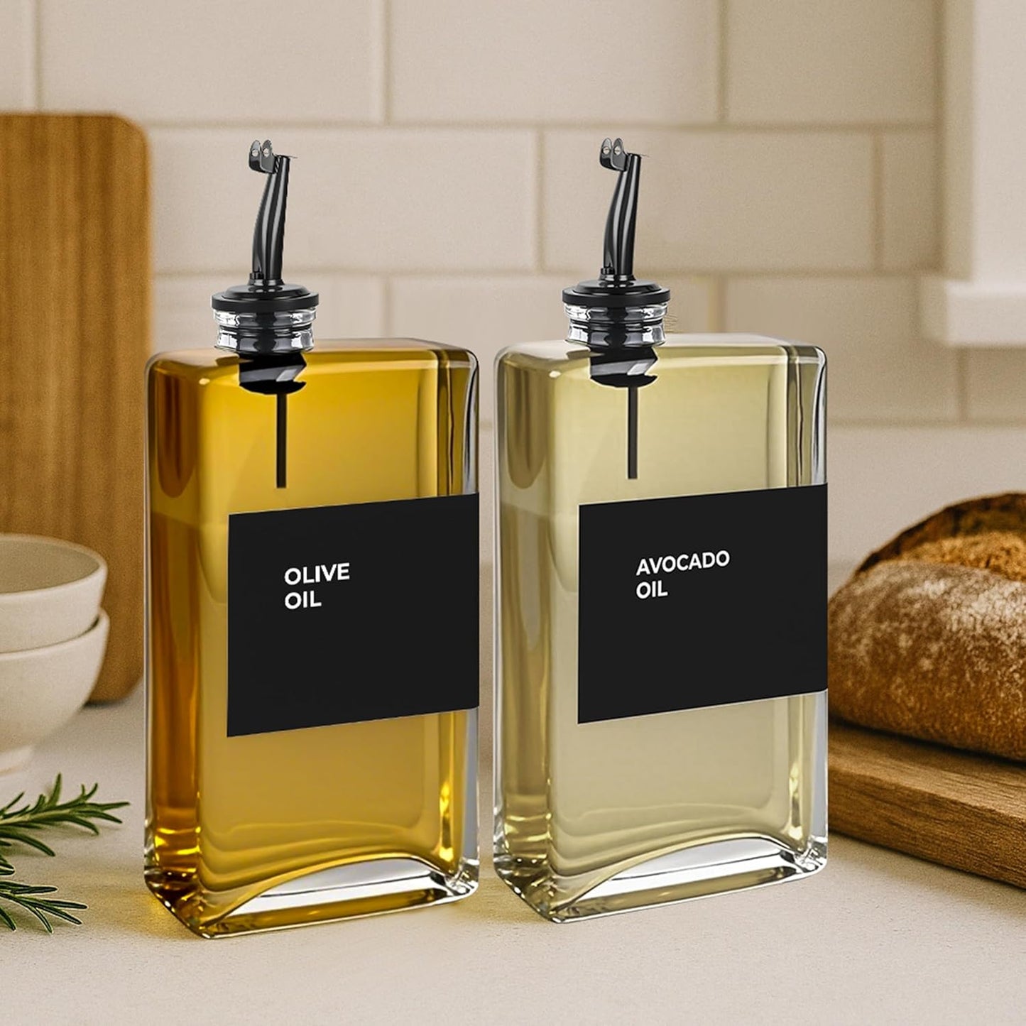 Olive Oil Dispenser Bottle - Includes 44 Kitchen Essential Labels - Cooking Oil Bottles for Kitchen, Coffee Syrup Dispenser - Pourer Spout with 11.8 fl oz Glass Container Cruet - 4pcs, Black