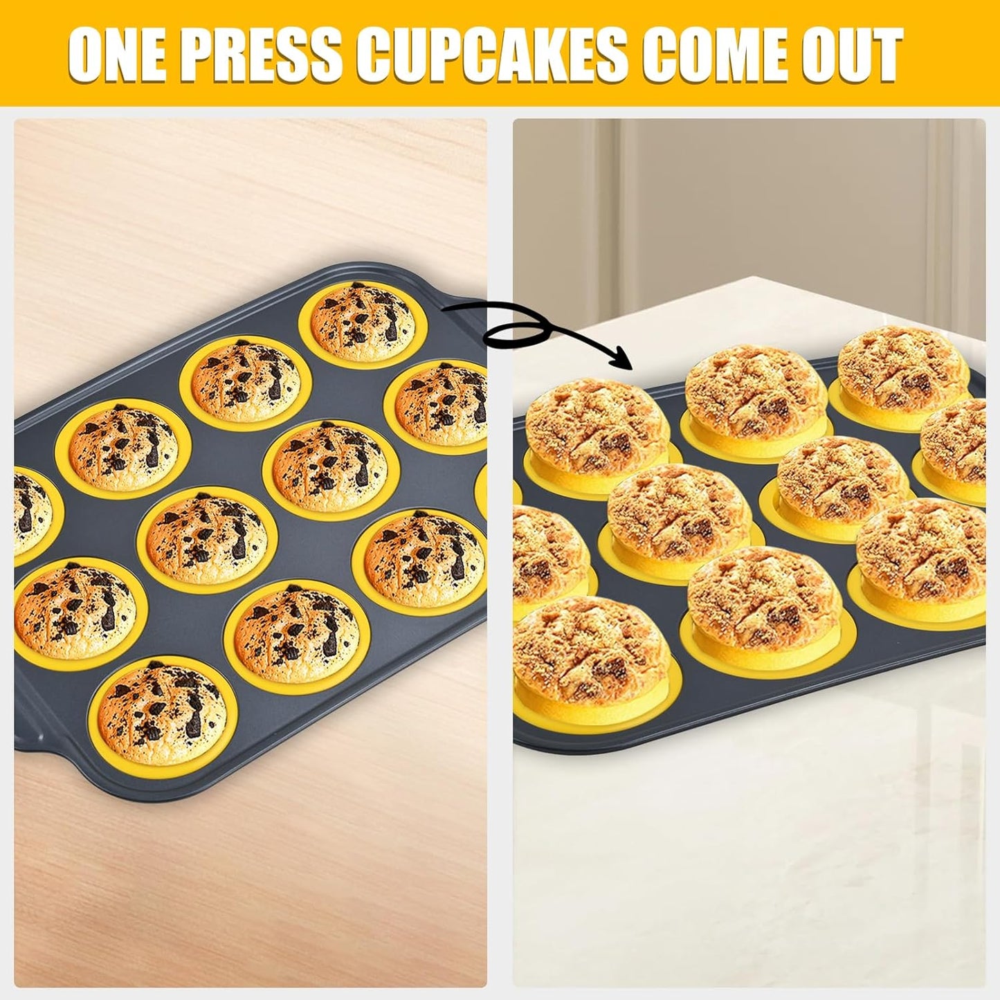 Silicone Muffin Pan, 12 Cups Cupcake Pans with Metal Frame Nonstick Muffin Tins Easy to Pop Out for Baking Cupcake Egg Bites BPA-free Cupcake Pan Mold (12 Cups Yellow)