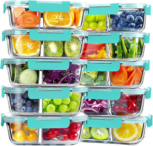 VERONES 10 Pack Glass Meal Prep Containers - 2 Compartment Set, 30 OZ Airtight Glass Lunch Containers with Lids, for Microwave, Oven, Freezer & Dishwasher Friendly, Green