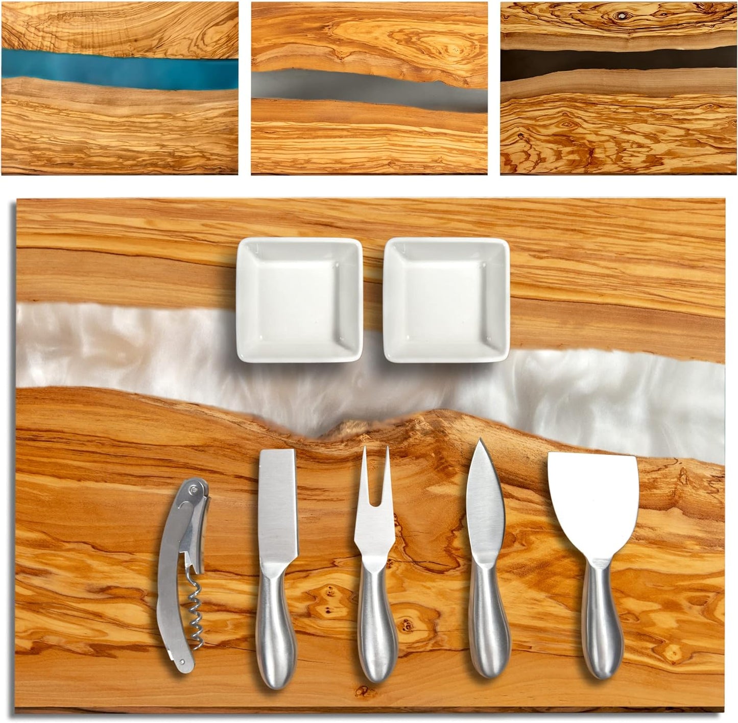 Handcrafted Italian Olive Wood Cheese & Charcuterie Board Set with Unique White Pearl Resin Artwork - Cutting Board Comes with 4 Cheese Knives, 2 Dipping Bowls & Corkscrew Wine Opener (White Pearl)