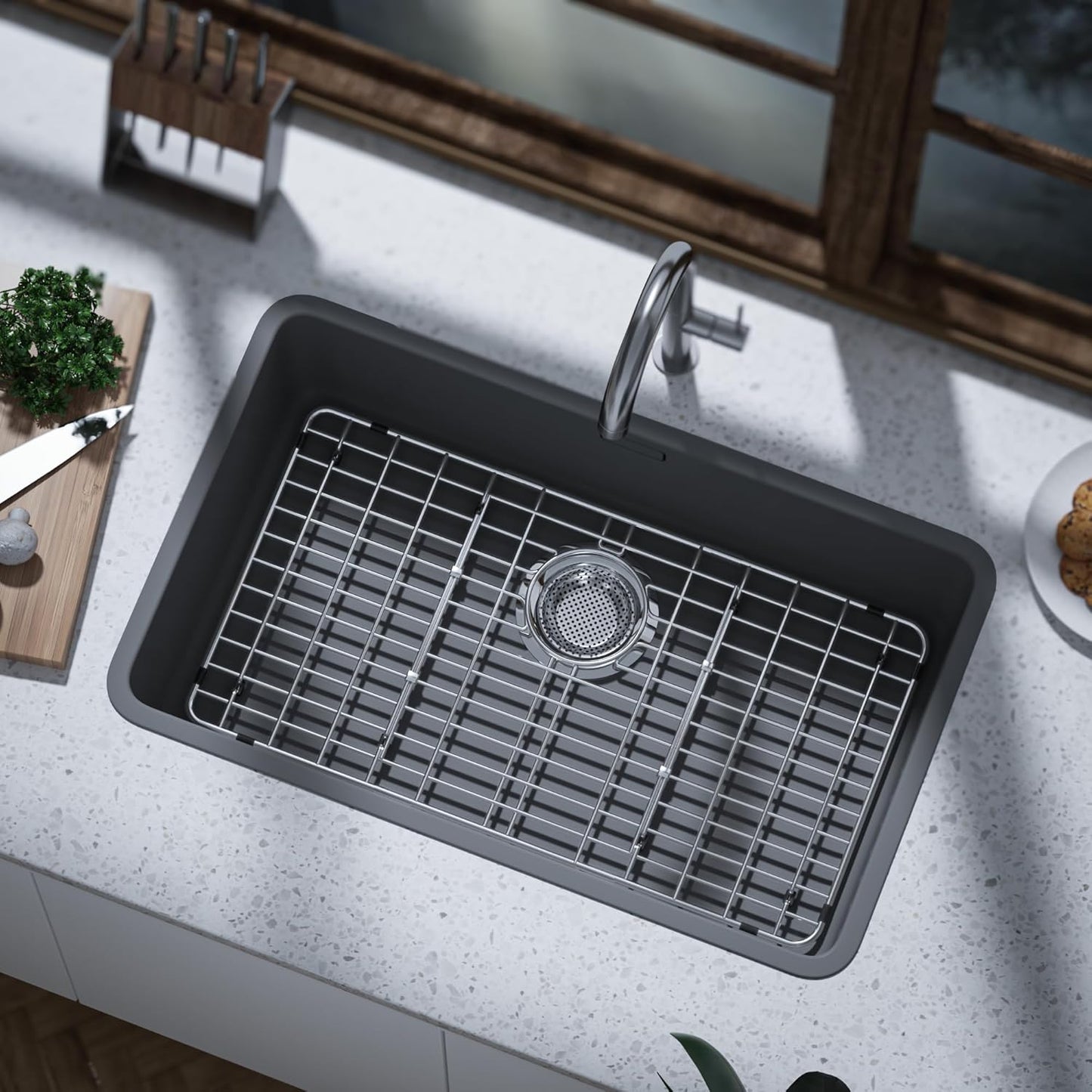 iPEGTOP Sink Bottom Grid, 3-Piece Stainless Steel Sink Protector 26-1/8" x 14-1/8" Rear Drain Hole, Sink Grate Sink Rack for Bottom of Kitchen Sink Single Sink Bowl with Sink Hole Cover
