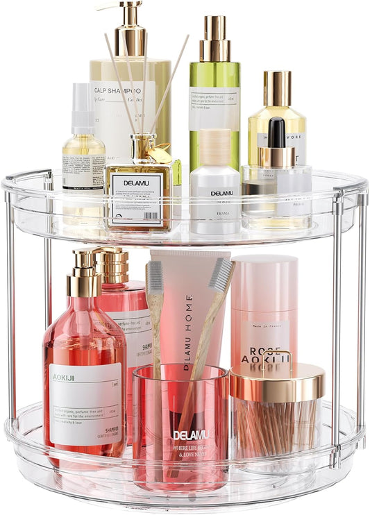 LAMU 10.6in Rotating Makeup Organizer for Vanity, 2 Tier Lazy Susan Turntable Stackable Spinning Skincare Organizer Cosmetic Perfume Tray for Bathroom Counter, Large Capacity, Clear