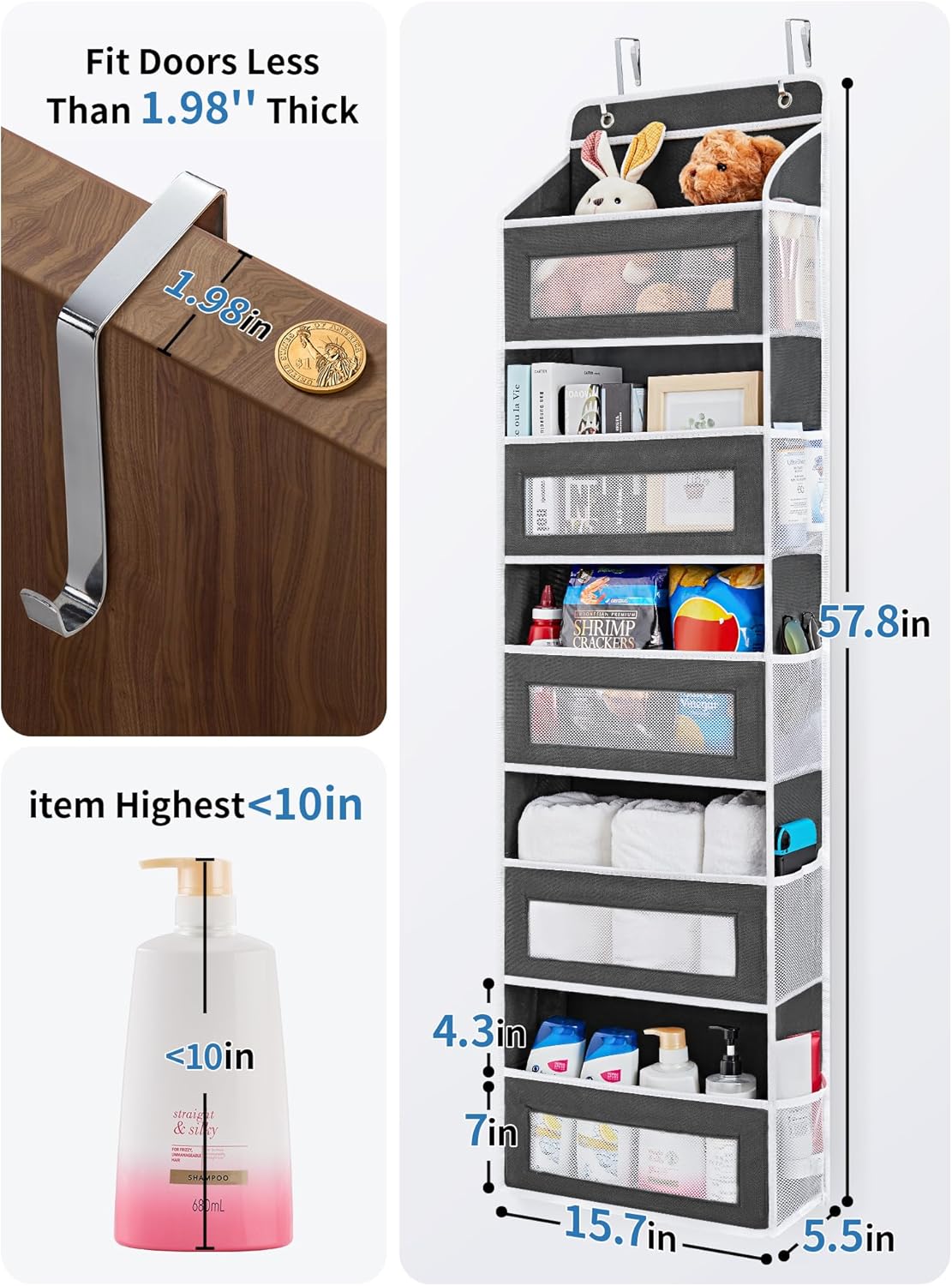 JARLINK 2 Pack Over the Door Organizer Storage, 5 Shelf Hanging Door Organizer with 5 Large Capacity Pockets, Anti Tilt 44 lb Load Behind Door Storage for Bedroom, Bathroom, Pantry, Nursery, (Black)