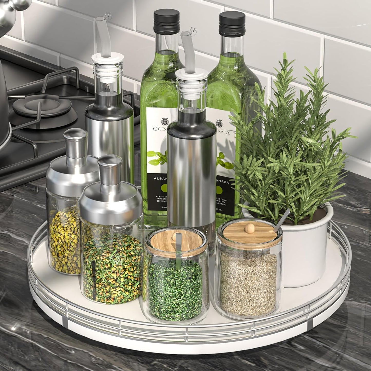 12" Oak Wood Lazy Susan Organizer, Lazy Susan for Cabinet Dining Table Pantry Wood Turntable Organizer Tray for Coffee Table Kitchen Countertop Salt Spice Can Organization and Storage Round Silver