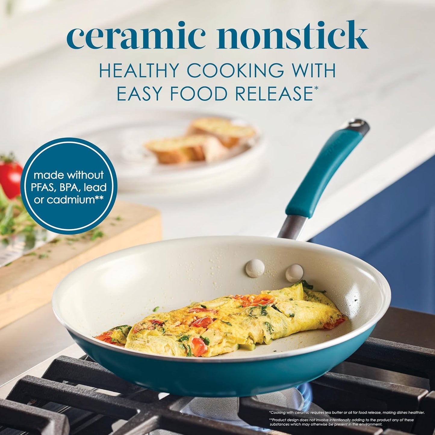 Rachael Ray Cucina Ceramic Cookware Set - 13 Pieces - Ceramic Pots and Pans Set w/Nonstick Frying Pans, Saute Pan, Saucepans, Stockpot, Lids, Pan Protectors & Cooking Utensils - Marine Blue