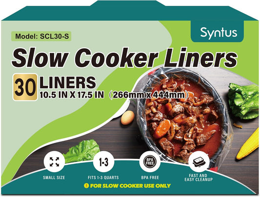 Syntus Slow Cooker Liners, 30 Count Cooking Bags Small Size Disposable Pot Liners Plastic Bags, Fit 1QT to 3QT for Slow Cooker Cooking Trays, 10.5"x 17.5", 30 Liners