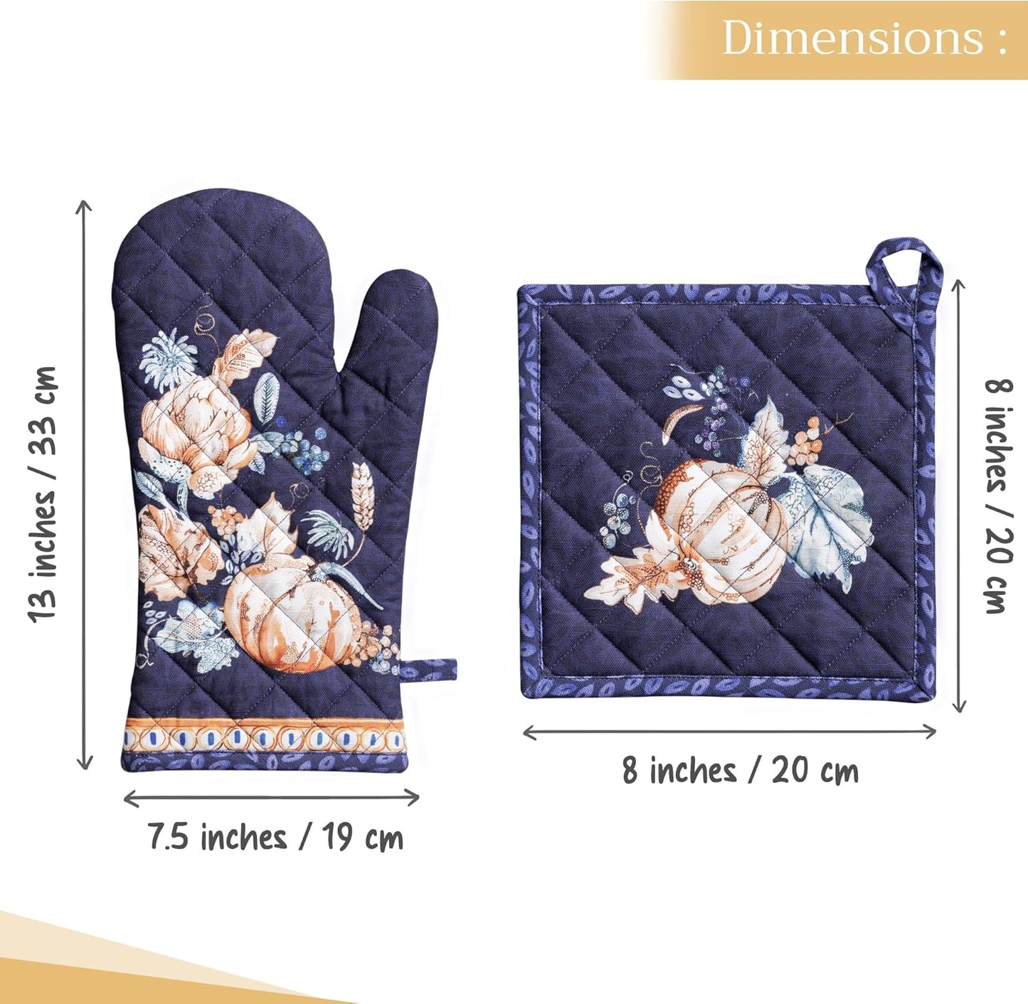 Maison d' Hermine 100% Cotton Oven Mitt & Pot Holder Set (7.5"x13" & 8"x8") Heat Resistant BBQ Cooking Gloves with Loop, Baking, Grilling, Kitchen, Handling Hot Pans (Pumpkin Blues)