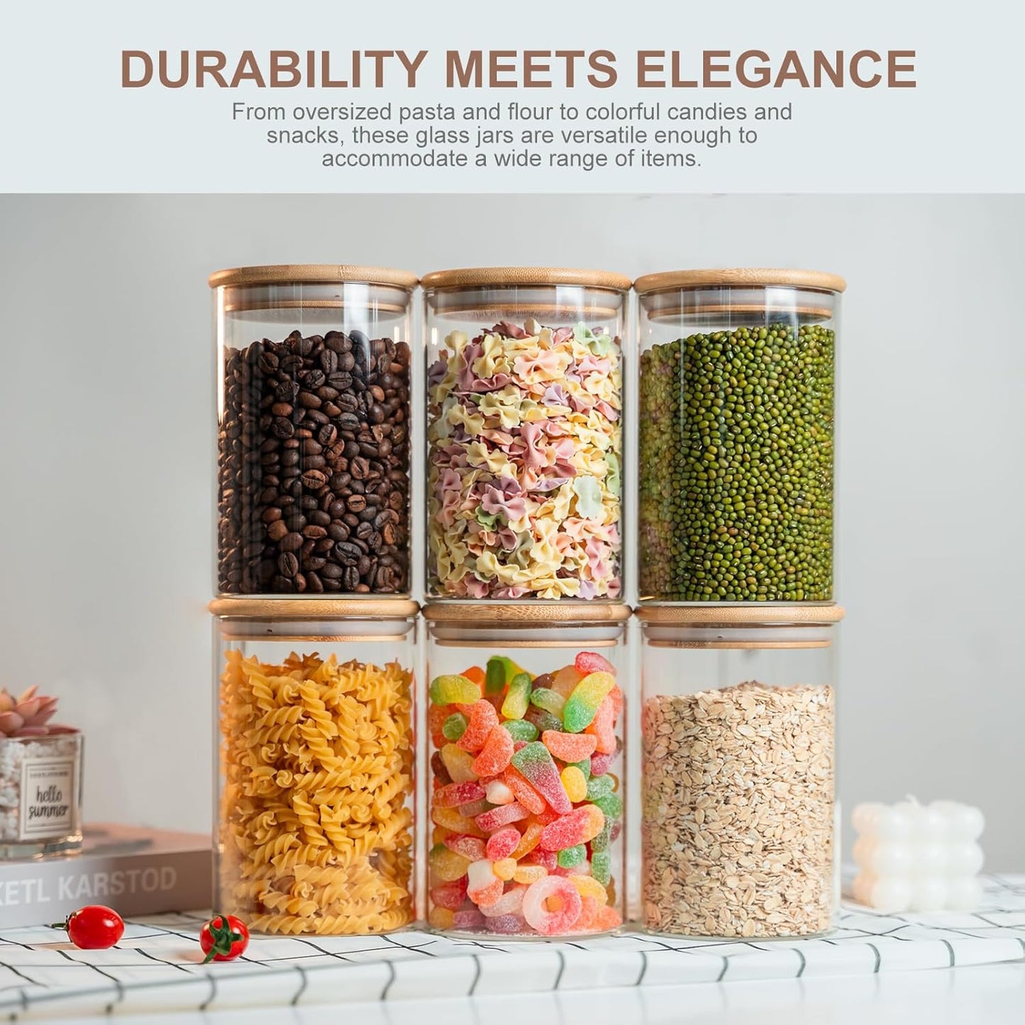 Glass Food Storage Jars Set of 8,26oz-Glass Storage Containers Clear Glass Food Canister with Bamboo Lid Airtight For Serving Tea, Coffee, Flour,Candy, Cookie, Spice(Round-8CMx15CM)