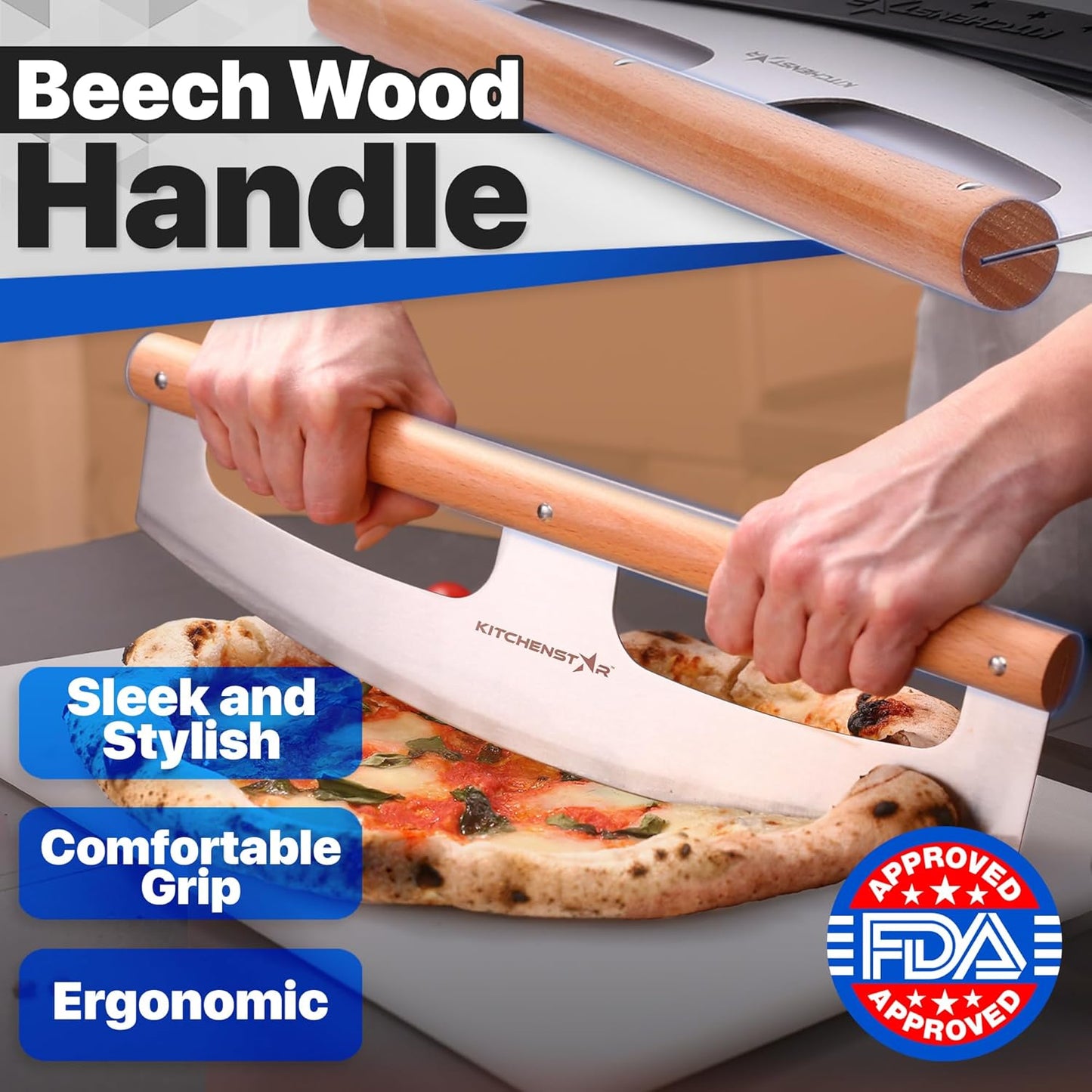 KitchenStar 14-Inch Pizza Cutter Rocker Blade - Razor Sharp Stainless Steel Slicer Knife, Stylish Beech Wood Handle, Protective Cover - Professional Pizza Oven Accessories, Silver