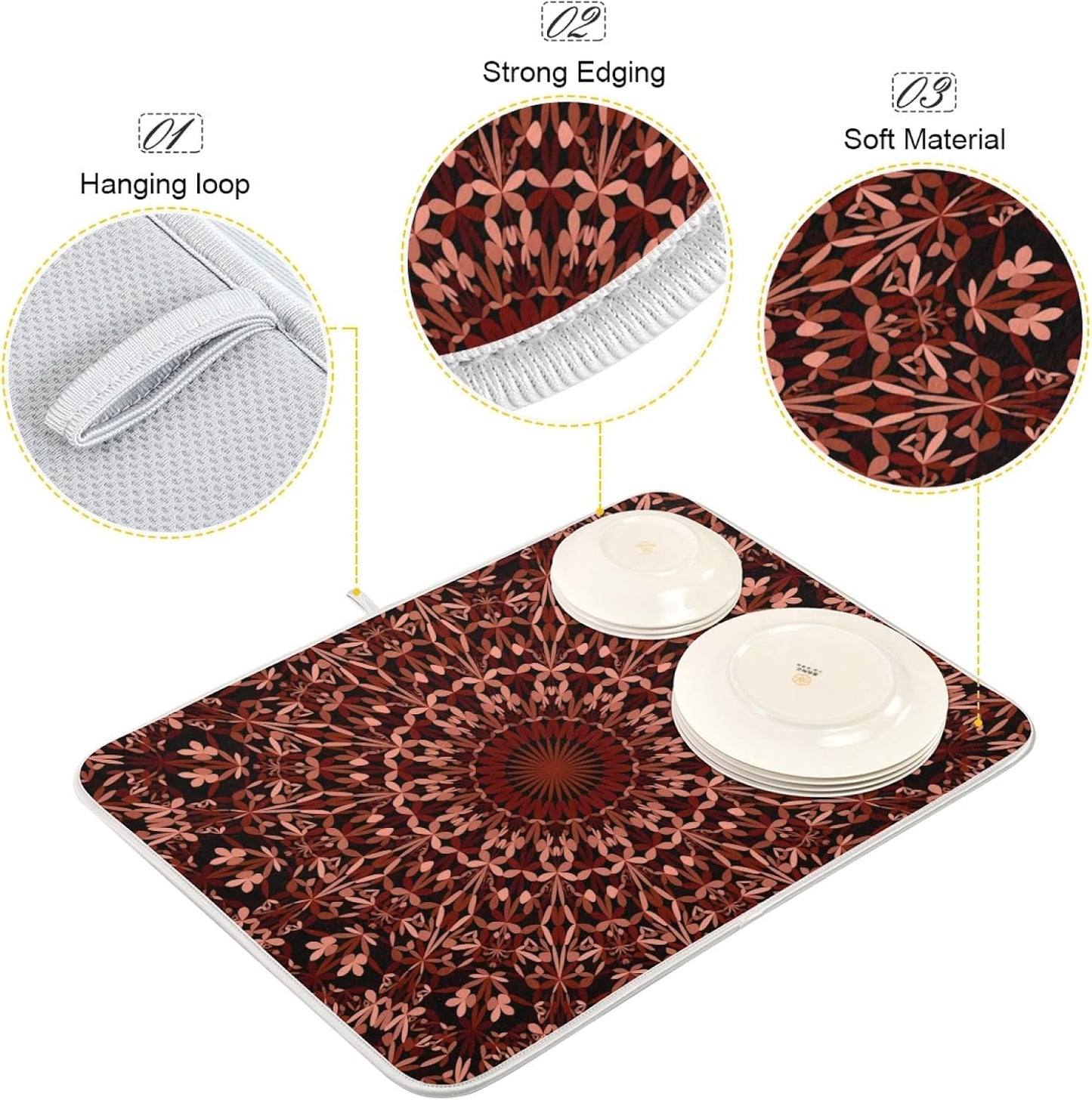 Super Absorbent Dish Drying Mat, Microfiber Fast-Drying Dish Mat, 24" x 18", Kitchen Dish Drying Pad, Mandala Maroon Boho