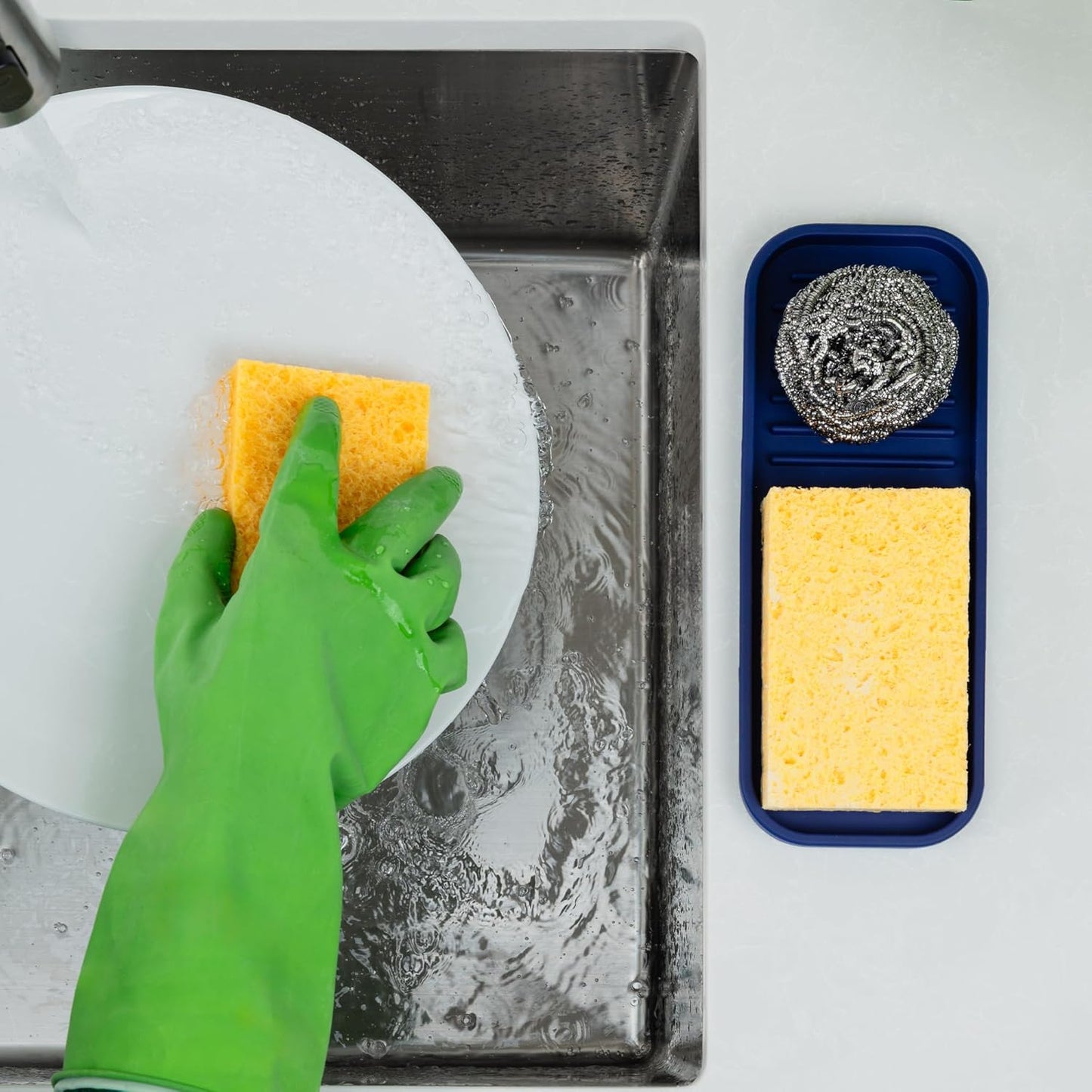 Zulay Kitchen (9x3.5) Silicone Sponge Holder for Kitchen Sink - Flexible Multipurpose Soap Tray - Sink Organizer for Kitchen, Bathroom, Makeup, Trinkets & More (Dark Blue)