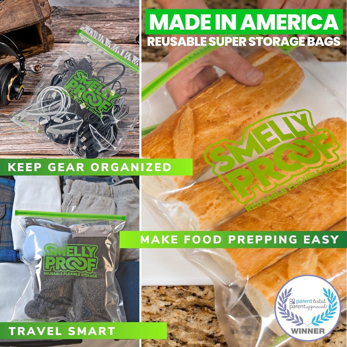 50pk Smelly Proof Reusable Food Storage Bags - Made in USA, Dishwasher-Safe, BPA FREE, NO PEVA, XL Clear FLAT 10.5" x 12"