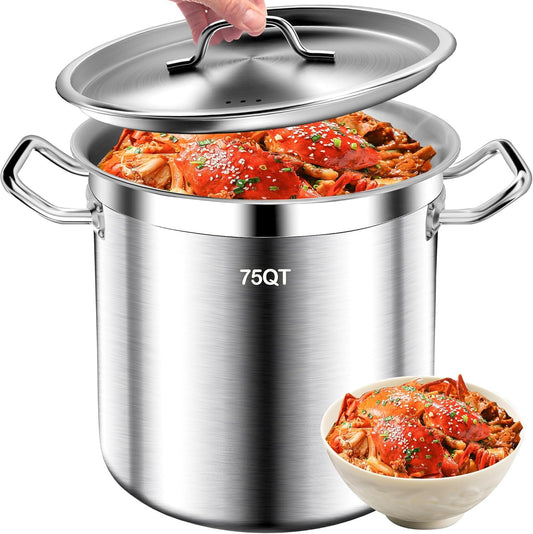 Stainless Steel Cookware Stockpot, 75 Quart Heavy Duty Induction Soup Pot With Stainless Steel Lid Commercial Grade Stock Pot for Soup, Stew, Canning, Even Heat Distribution
