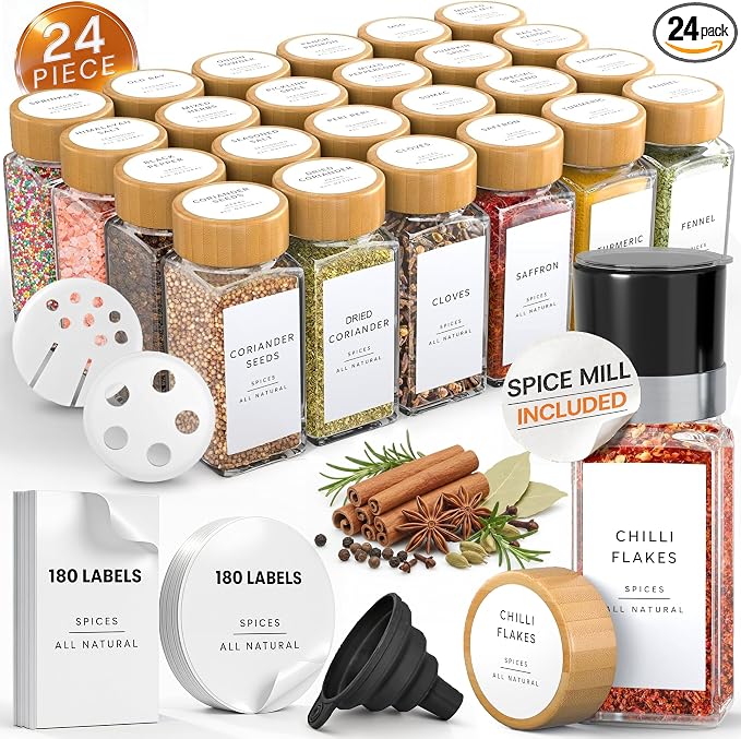 Glass Spice Jars with 360 Labels -24 pcs- 4oz- Spice Containers with Bamboo by Livabl