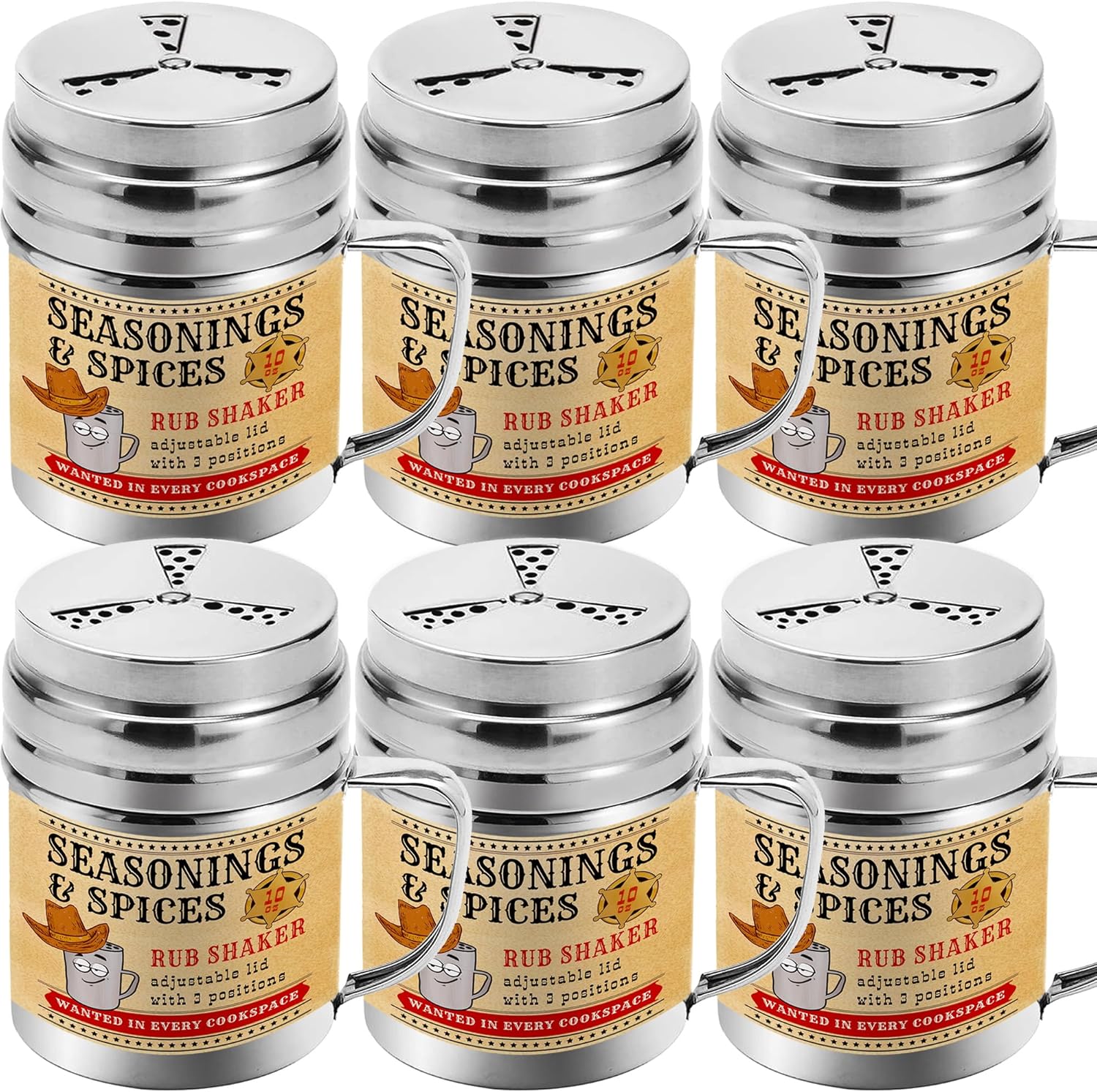 CUSINIUM [Pack of 6] 10 oz Seasonings Spice Shakers - BBQ Dry Rub Shakers - Cooking Dredge with Adjustable Fan-Style Lid and Handles