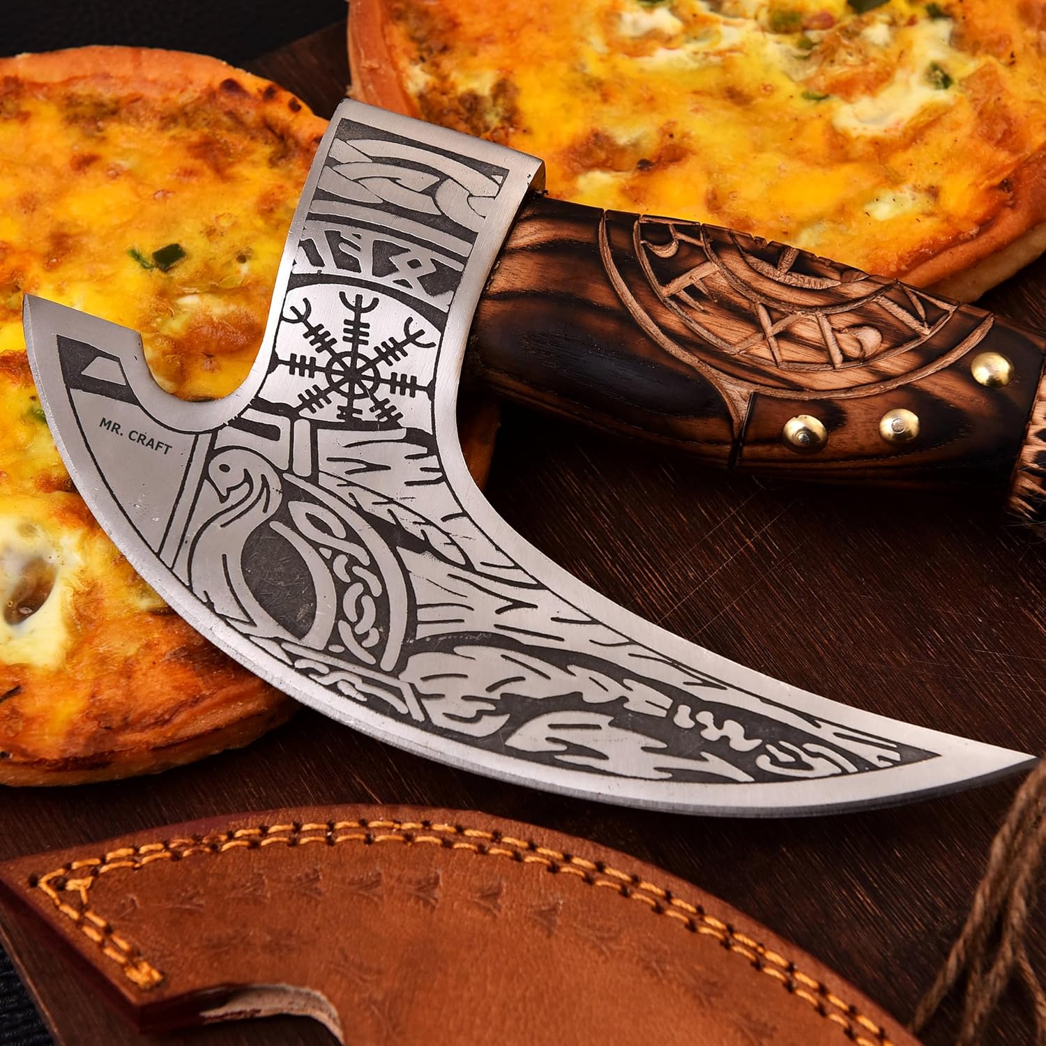 MR. CRAFT Pizza Cutter Axe Carbon Steel Slicer Chef Viking Axe with Leather Cover - Premium Pizza Oven Accessories Ulu Rocking Pizza Gifts for Men (Engraved Ash Wood)