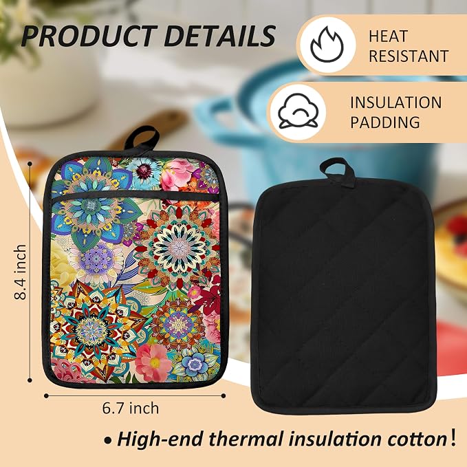 Boho Floral Oven Mitts Set, Vintage Luxury Colorful Flower Floral Heat - Image 2