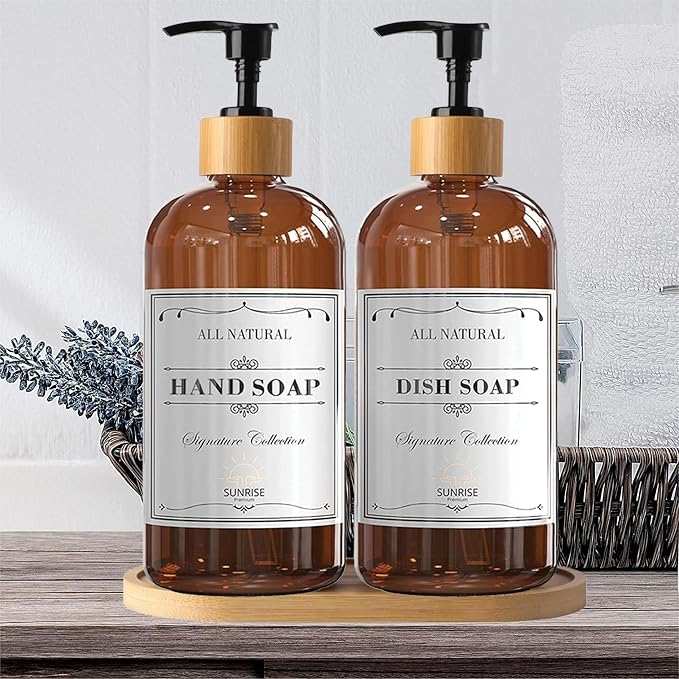 Sunrise Premium 16 OZ Thick Amber Glass Soap Dispenser, Bamboo Pump - Image 6