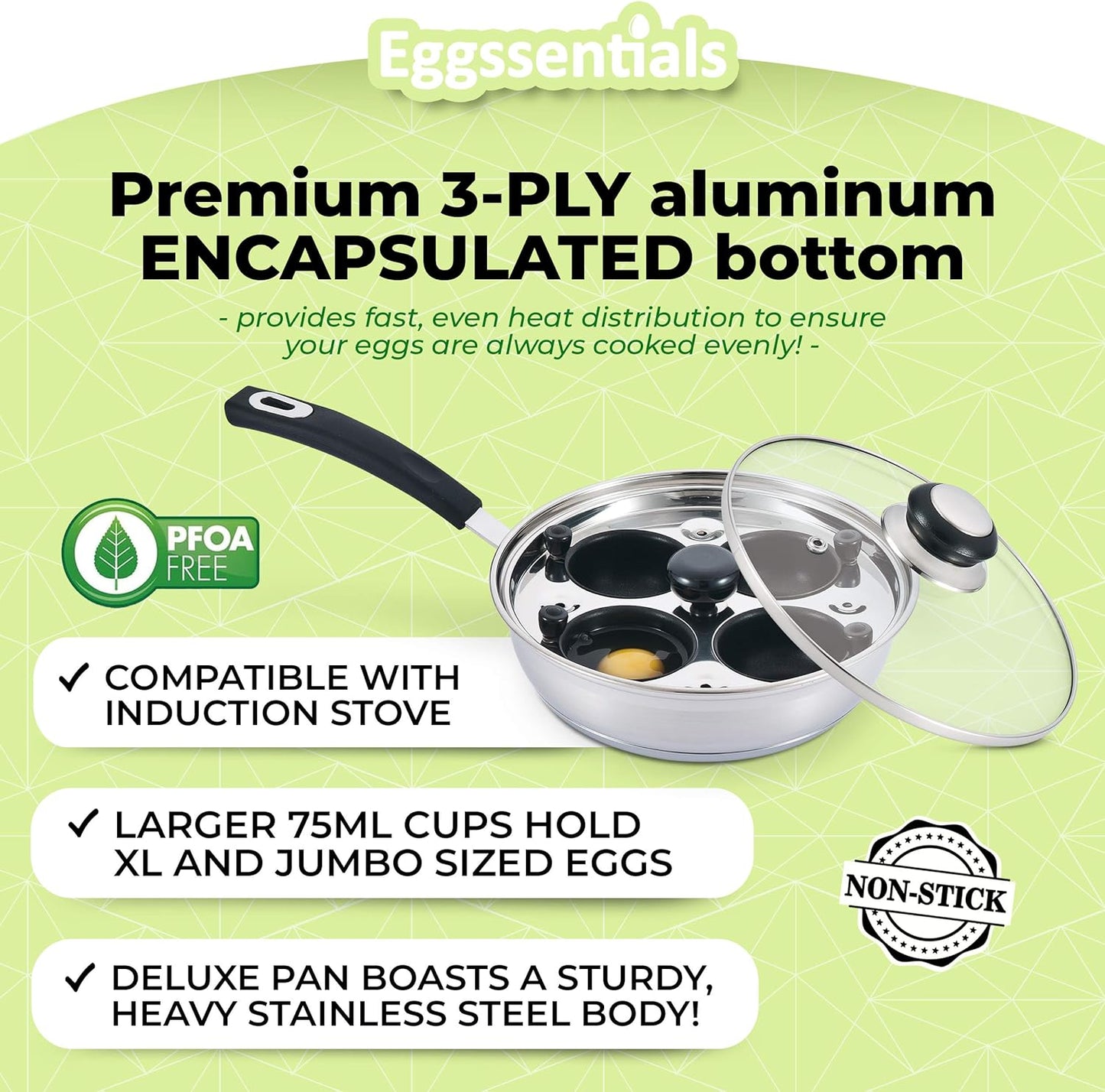 Eggssentials Egg Poacher Pan Nonstick Poached Egg Maker, Stainless Steel Egg Poaching Pan, Poached Eggs Cooker Food Grade Safe PFOA Free with Spatula