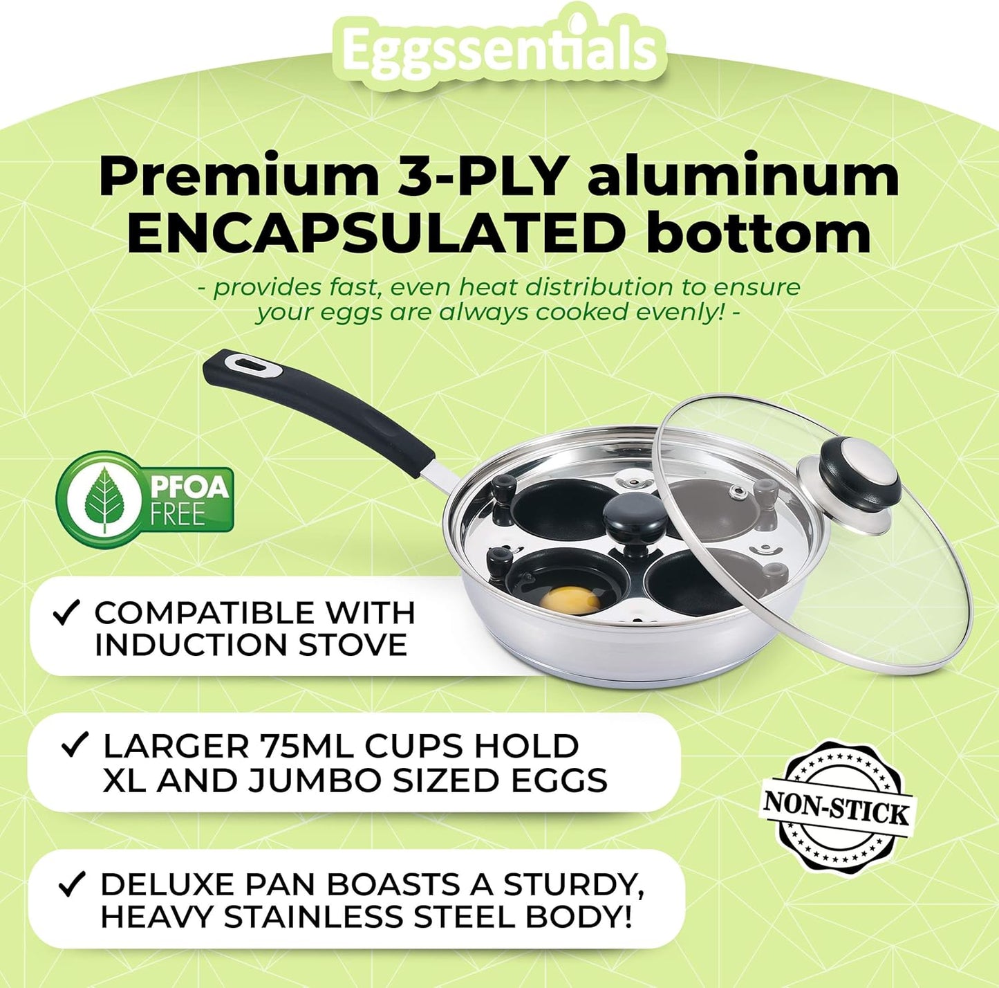 Egg Poacher - Eggssentials Poached Egg Maker, Stainless Steel Egg Poaching Pan, Poached Eggs Cooker Food Grade Safe PFOA Free with Spatula.