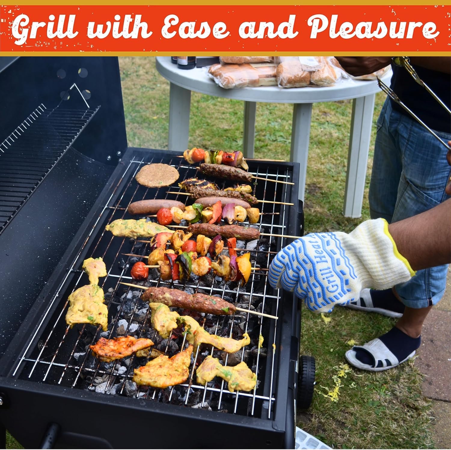 GRILL HEAT AID BBQ Grill Gloves Heat Proof for Grilling – Fireproof 1472°F Heat-Resistant Grill Mitts for Outdoor Barbecue and Smoker, Campfire, Fire Pit, Oven Glove with Fingers for Baking Pizza