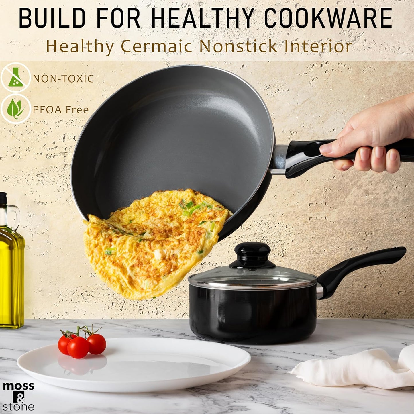 Moss & Stone 6 Pcs Black Nonstick Cookware Set, Pots And Pans Set Non stick With Glass Lid, Induction Cookware, Stay-Cool Handle PTFE/PFOA Kitchen Pots 6-Piece with Frying Pans & Saucepan