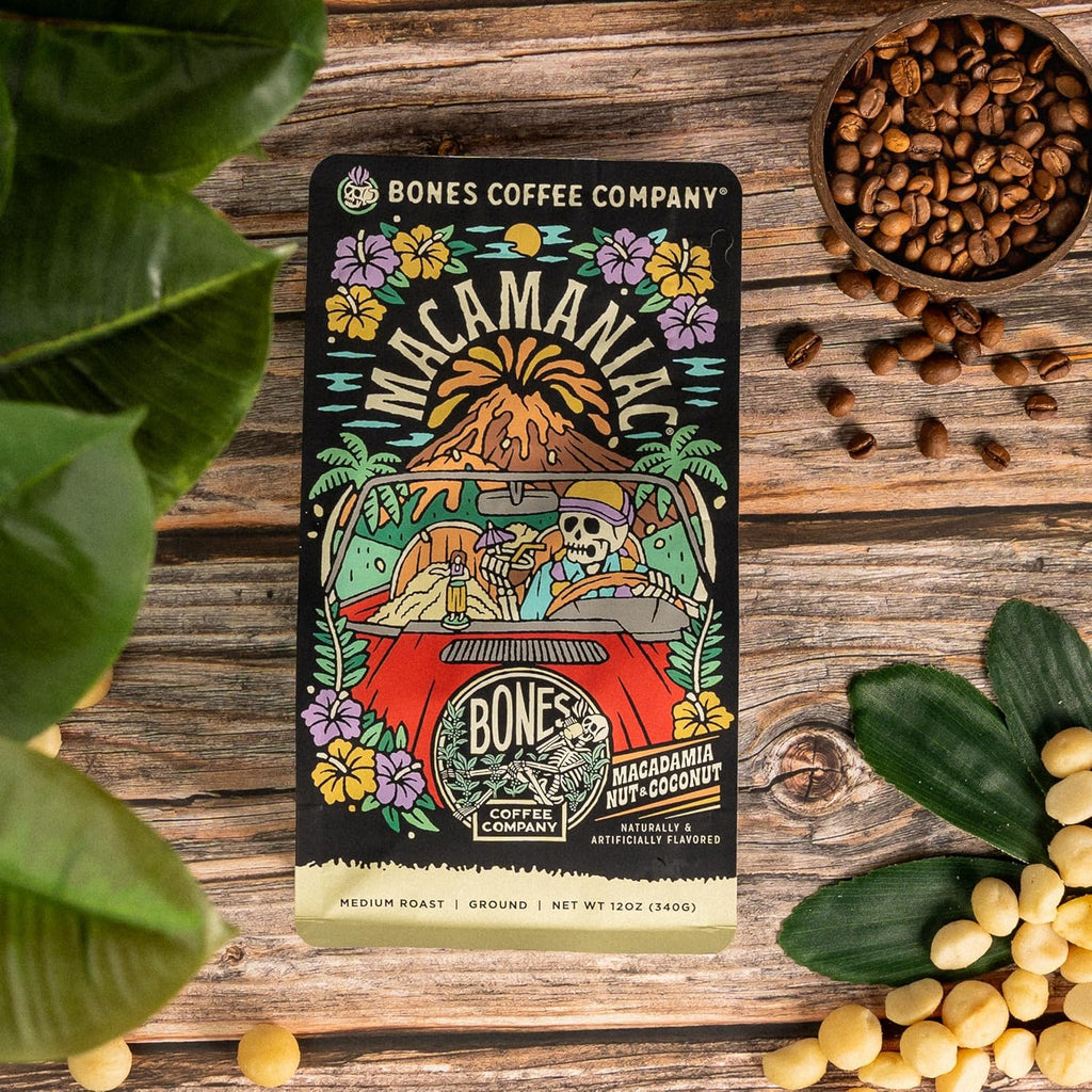 Bones Coffee Company Macamaniac, Macadamia and Coconut Flavored Coffee, Medium Roast Low Acid Arabica Beans Compatible with Auto drip and French Press Coffee Maker, 12 Oz Whole Bean