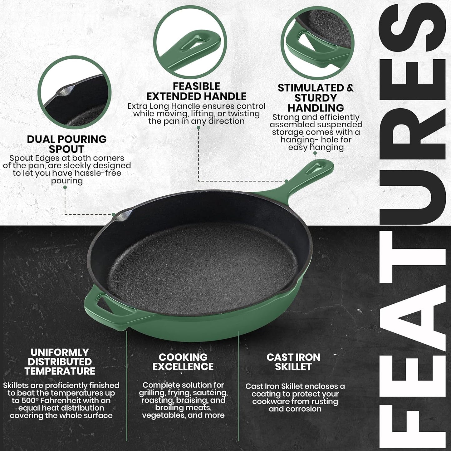 Utopia Kitchen Cast Iron Frying Pan 10.25 Inch, Cast Iron Chefs Pan, Pre Seasoned Skillet, Safe Grill Cookware for Indoor & Outdoor Use, Green