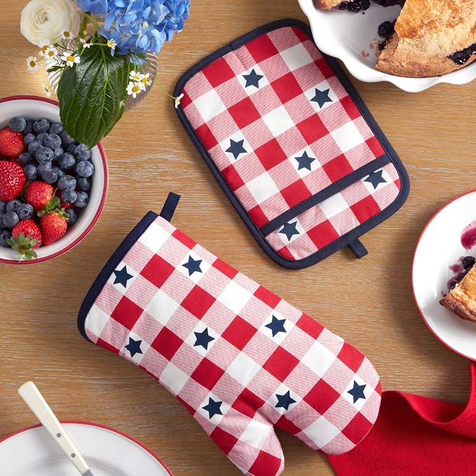 MARTHA STEWART Americana Star Gihgham Oven Mitt & Pot Holder Set, 100% Cotton - Image 2
