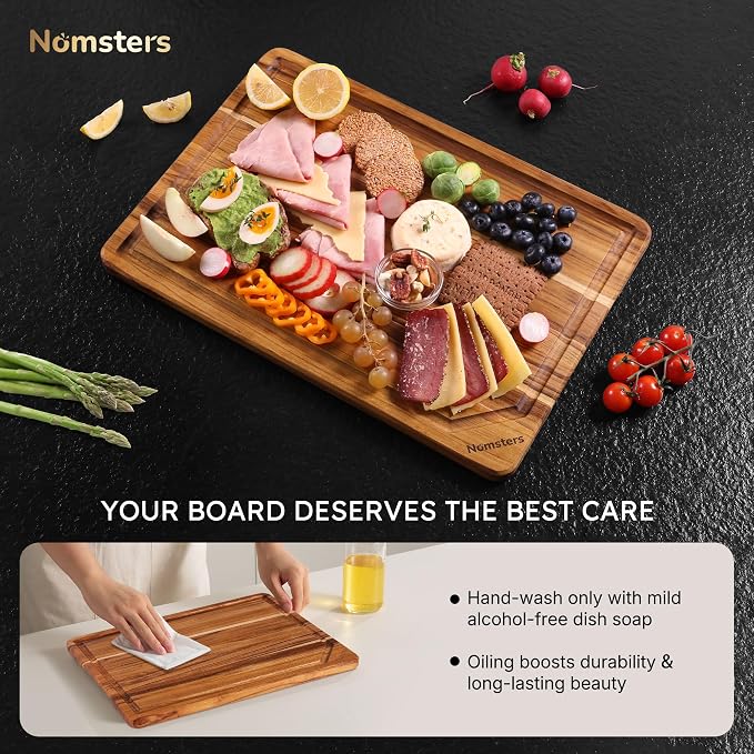 2 Pack Teak Wood Cutting Board Set Non Slip Over Sink Charcuterie Board Serving - Image 8