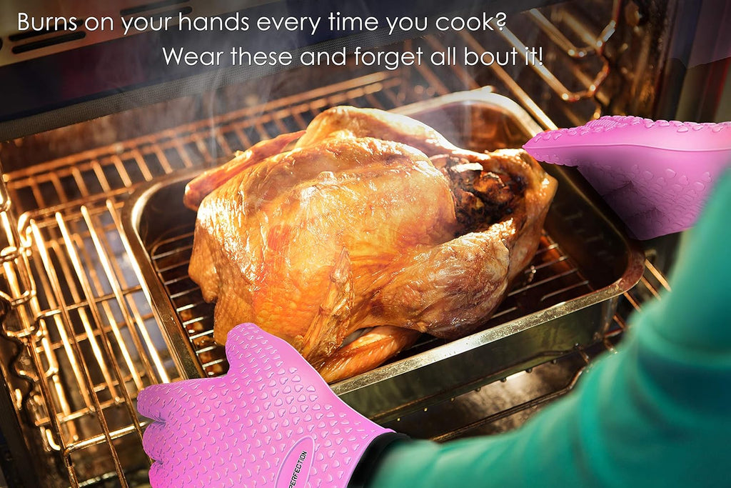 KITCHEN PERFECTION Silicone Smoker Oven Gloves -Extreme Heat Resistant BBQ Gloves-Handle Hot Food Right on Your Grill Fryer & Pit|Waterproof Grilling Cooking Baking Mitts|Superior Value Set+3 Bonuses