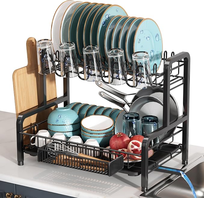 2 Tier Black Dish Drainer Drying Rack by Boosiny