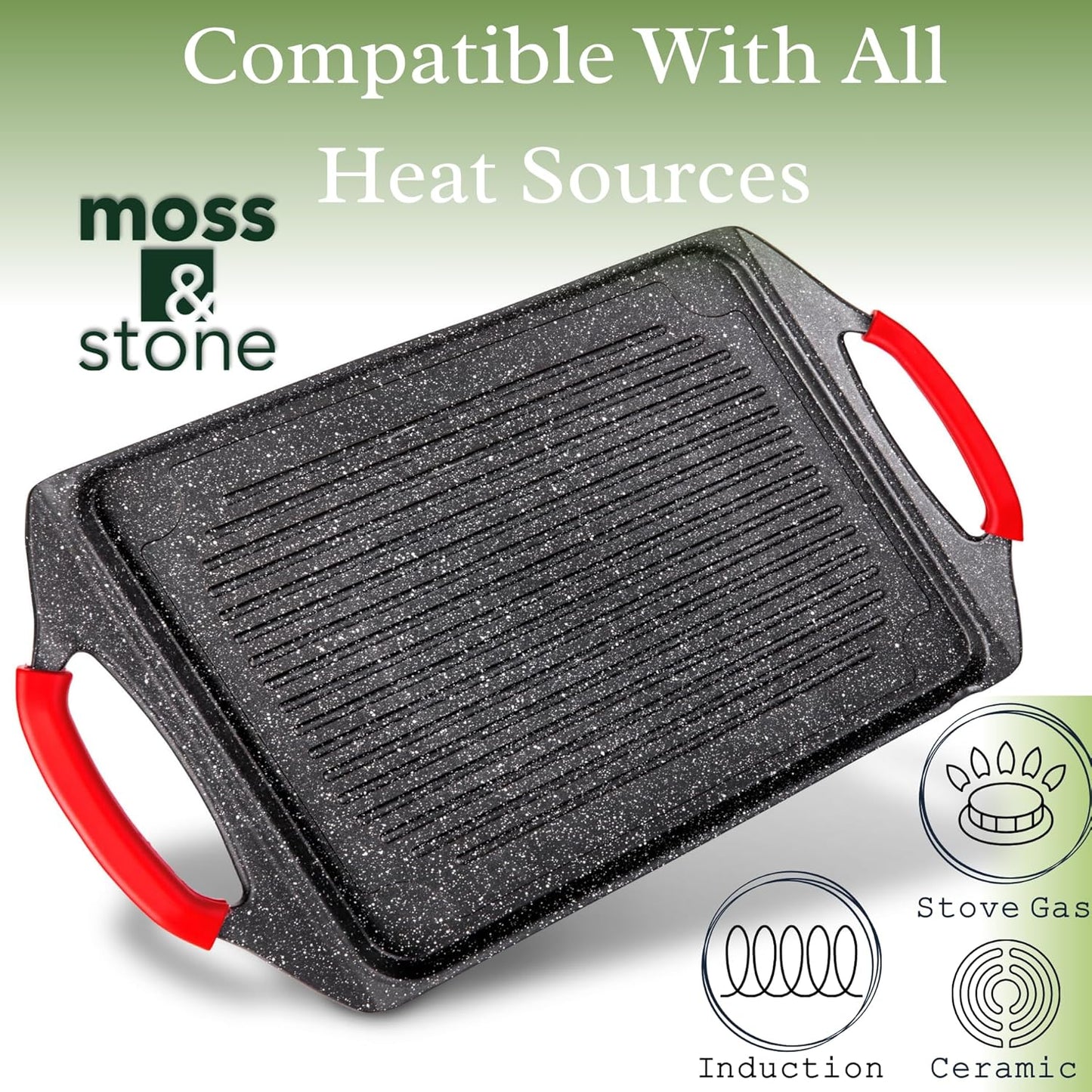Moss & Stone Griddle Aluminum Bbq, 18x10.5 Rectangle Grill Pan for Indoor Cooking, Non-stick Flat Top Griddle Pan for Stove, For Fish Vegetables & As Steak Pan, StoveTop Induction Grill