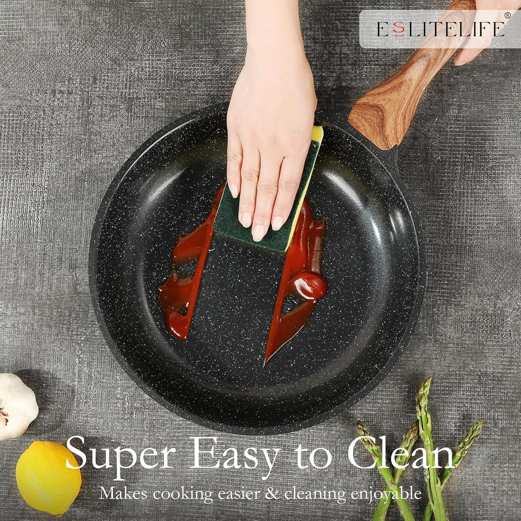 ESLITE LIFE Nonstick Ceramic Frying Pan Skillet with Lid, Non-Toxic Egg Omelette Kitchen Cooking Pans Compatible with All Stovetops (Gas, Electric & Induction), PTFE & PFOA Free (Black, 9.5" w/Lid)